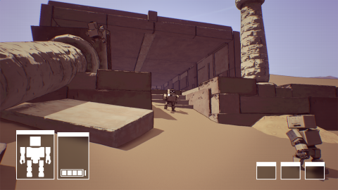 Boxy robot characters explore sandy desert ruins with stone blocks and pillars under bright sunlight, with a small UI panel visible in the corner.