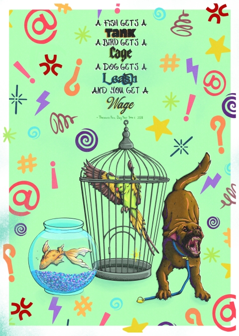 A bright green background filled with colourful symbols, with a fish in a tank, a bird in a cage, and a leashed dog beneath bold text comparing their confinement to earning a wage.