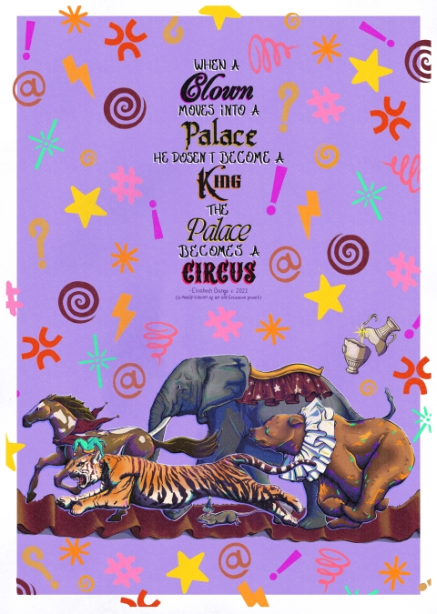 A bright purple background filled with colourful stars, spirals, and punctuation, with cartoon circus animals at the bottom and bold text about a clown in a palace turning it into a circus.