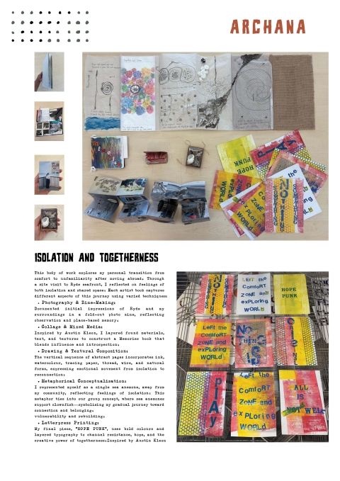 A collage-style layout showing colourful handmade books, small sketches, and text fragments arranged around the theme of isolation and togetherness.