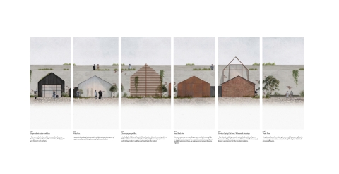 A row of six architectural elevation panels displayed against a pale grey wall with greenery along the top. Each panel shows a different small pavilion concept, with variations in material, transparency, and form. Small human figures appear in each panel for scale.
