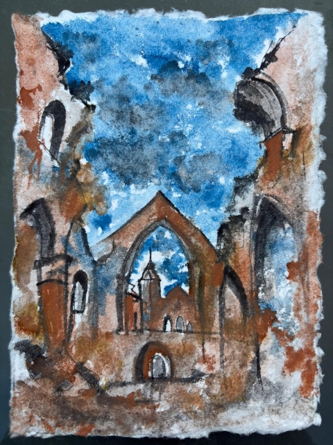 A warm-toned painting of church ruins with tall broken arches rising against a clear blue sky.