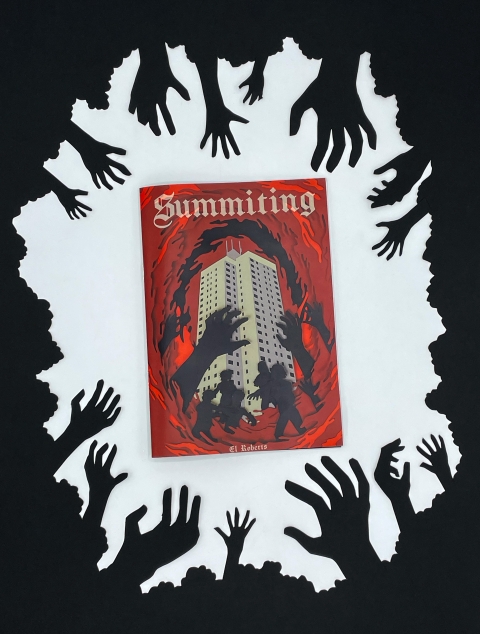 A book titled “Summiting” at the centre of a black background, surrounded by jagged cut‑out hand silhouettes reaching inward toward the cover, which shows a tall building with red swirling shapes and climbing figures.