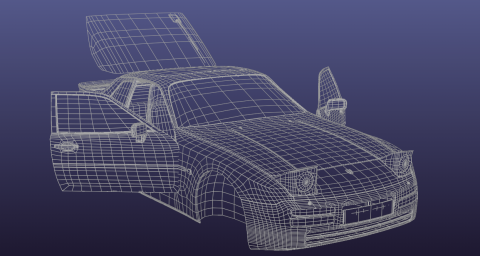 A 3D wireframe model of a car with its side door and rear door open, showing the interior framework. The mesh lines outline the vehicle’s shape and structure against a plain background, highlighting its geometric design.