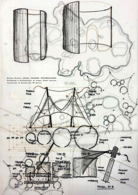 A technical interior sketch with geometric studies, spatial diagrams, and handwritten design notes.