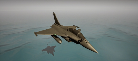 a computer animated jet with a missile flying over the ocean