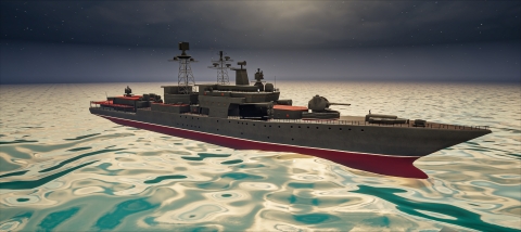 a computer animated military ship in the ocean at night-time