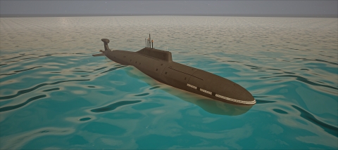 a computer animated submarine in the ocean (floating)
