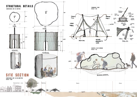 A detailed architectural sheet showing labelled sections, structural diagrams, and measured construction components.