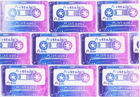 A repeating pattern of retro cassette tapes in purple, pink, and blue gradients, each labeled “Nostalgia A Side Mixtape!”.